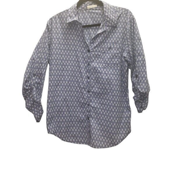 Hester & Orchard Womens Button Collar Blouse Size XL Roll Tab Sleeves Chambray - Picture 1 of 7